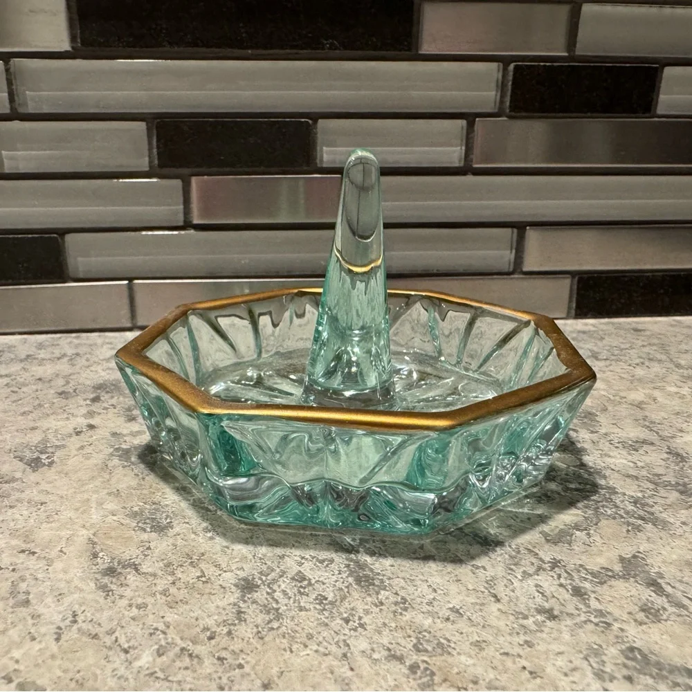 Teal/Gold Glass Retro Glam Ring Jewelry Trinket Holder